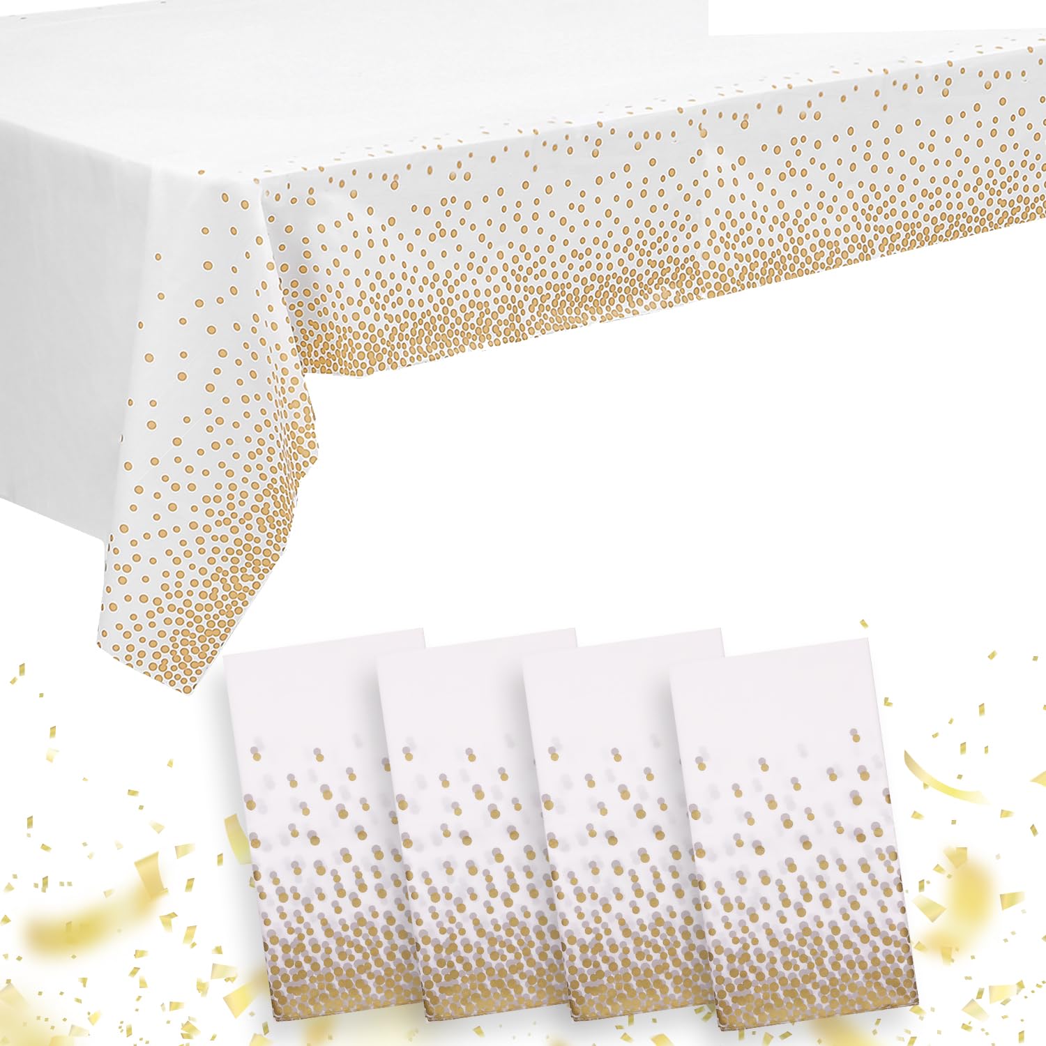 White/Gold Tablecloths for Rectangle Tables, 4Pack, 54"x108" Gold Dot Disposable Tablecloths,Plastic Table Cloth Disposable White Tablecloths for BBQ, Party, Fine Dining, Wedding