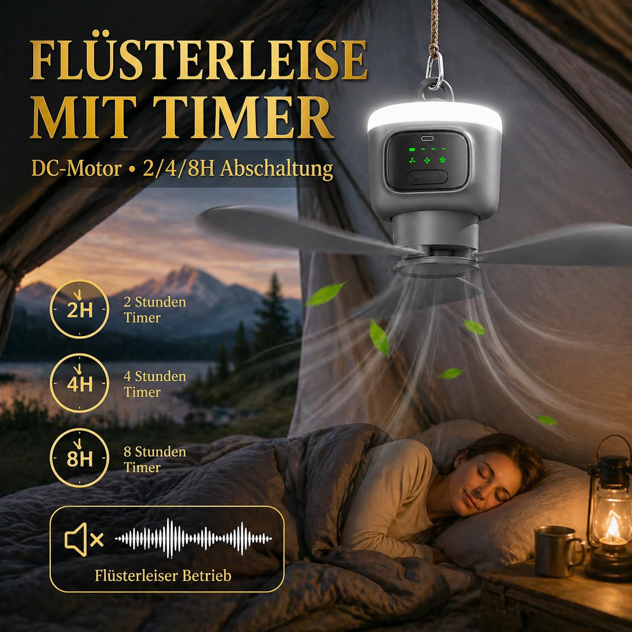 Ventilador de techo con iluminación de 45 cm, batería de 12000 mAh, portátil, ventilador de camping con luz y mando a distancia, temporizador, 3 niveles, recargable por USB, ventilador de exterior
