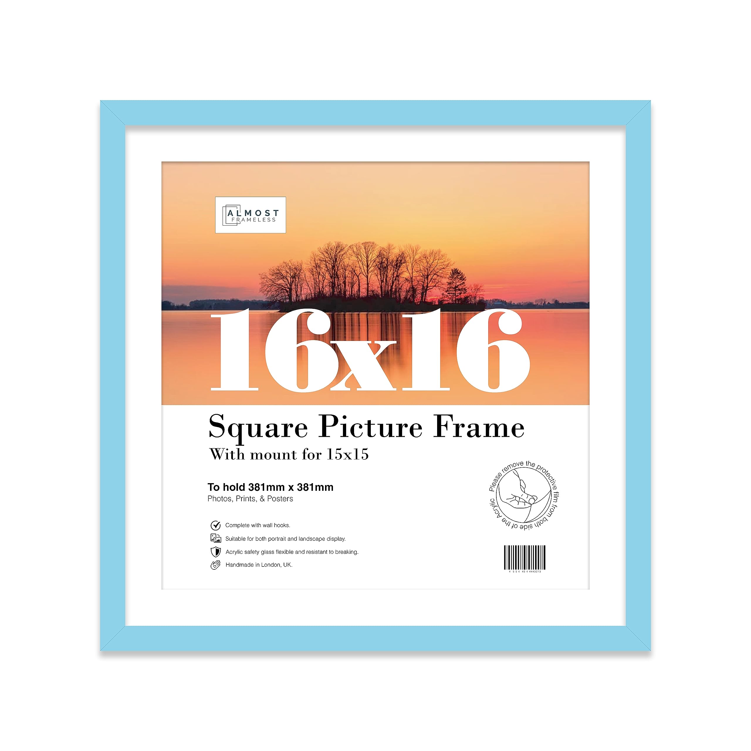 Almost Frameless 16x16 Picture Frame, Display Pictures 15x15 With Mat or 16x16 Without Mat, Wall Hanging Photo Frame, Light Blue, 1 Pack