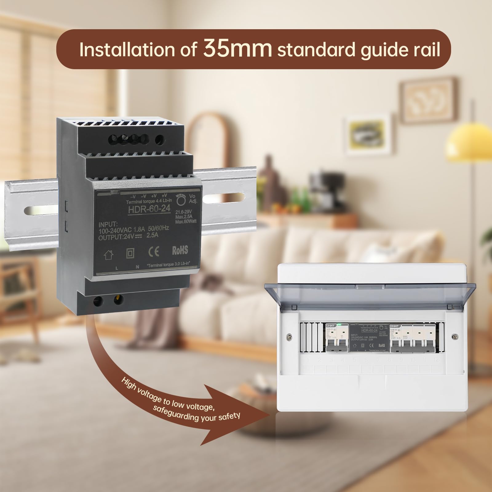 Fuente de Alimentación para el Montaje de Rayos de Sombra 24V 2.5A 60W Transformador de Red de Conmutación AC a CC para la Industria Iluminación y Automatización LED HDR-60-24