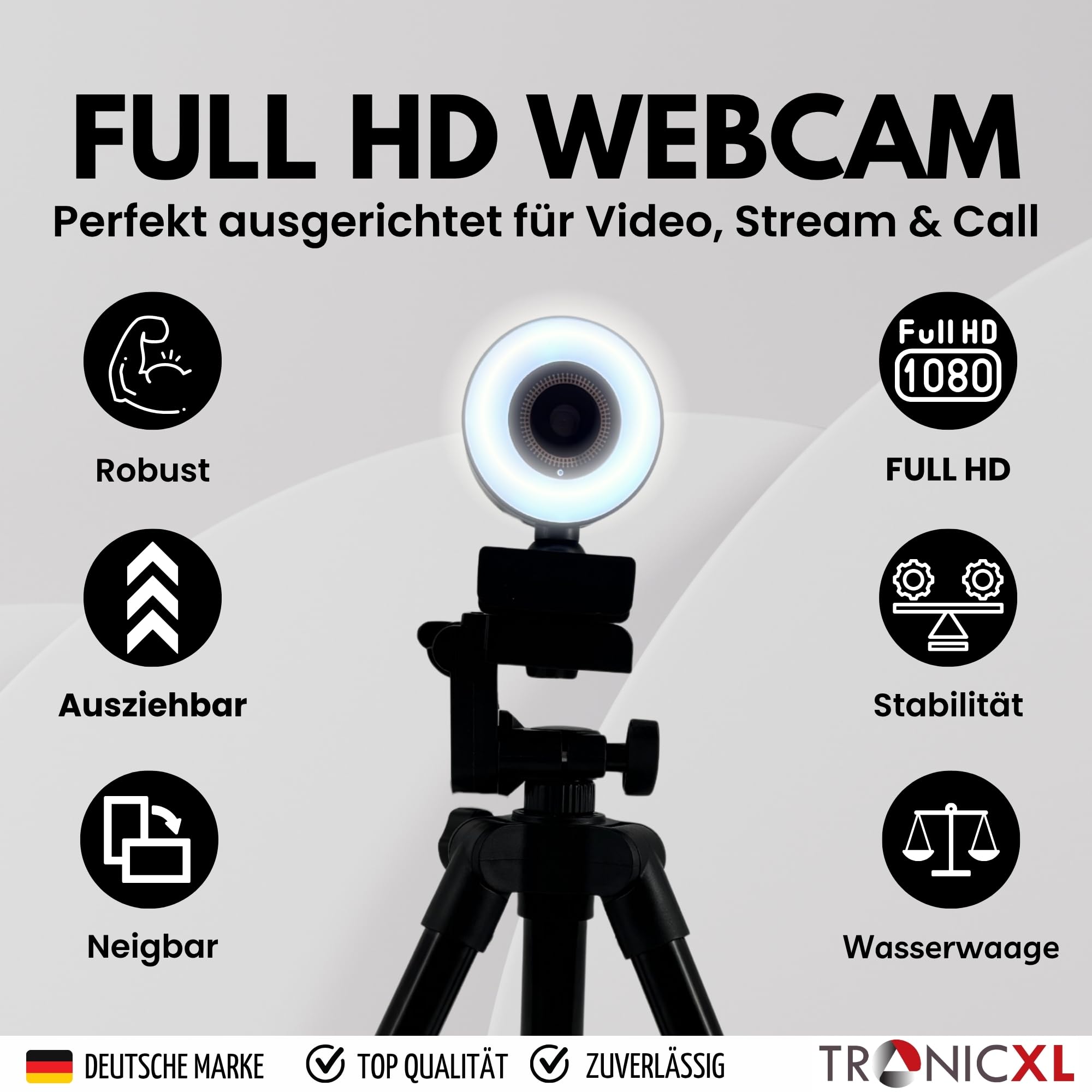 TronicXL Webcam con enfoque automático con lámpara de anillo + trípode de 60 cm Full HD 1920 x 1080p I 2 micrófonos estéreo cancelación de ruido fondo I para ordenador PC portátil para Xbox