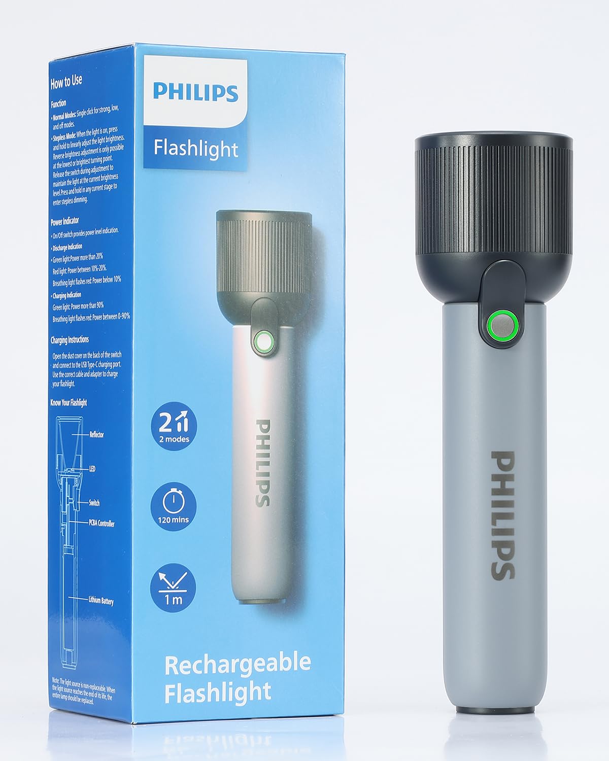 PHILIPS Handheld Torch Light, 2000mAh Rechargeable Torch Light with 2 Modes,400LM & IP44 Waterproof, Portable Flash Light for Home, Camping, Hiking, Emergency（Gray）