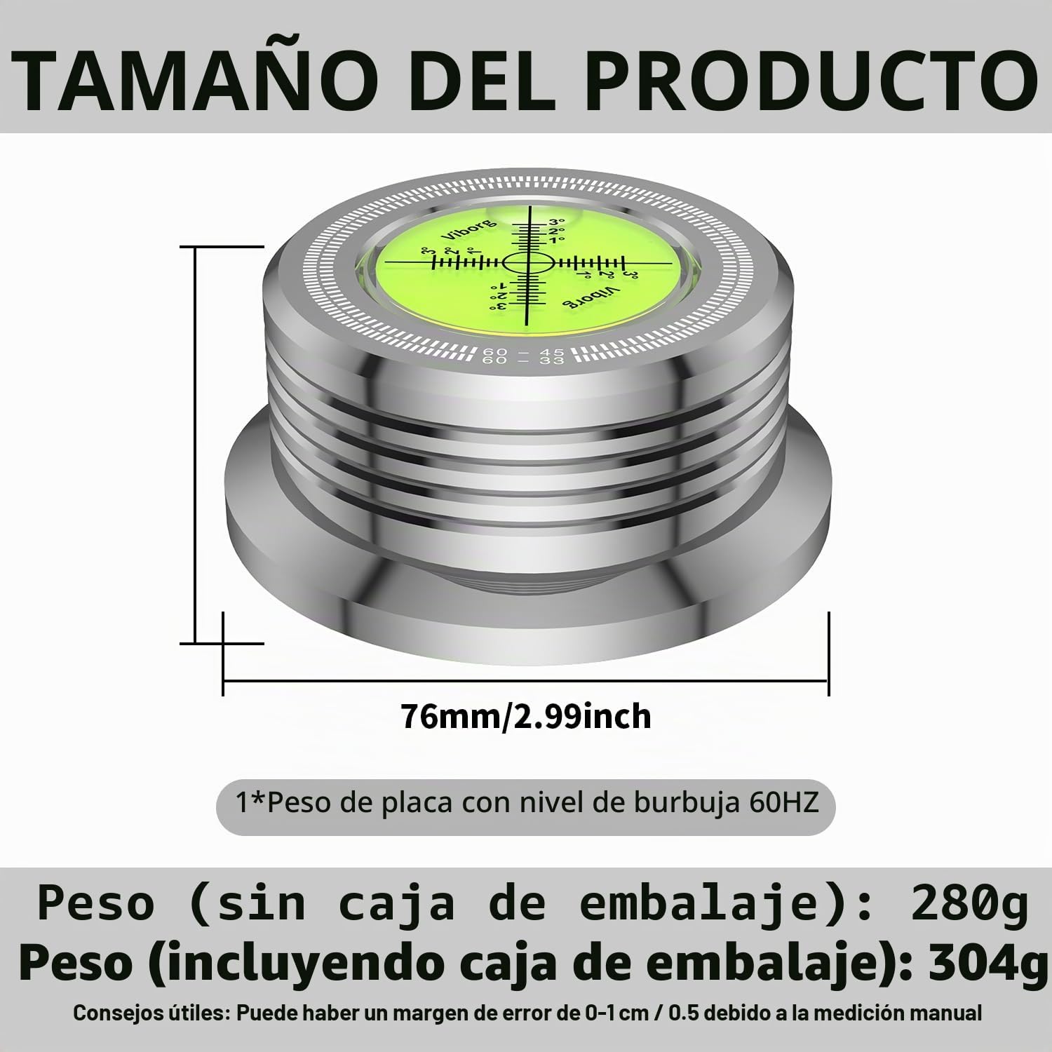 Tertullus Tocadiscos de peso de 60 Hz, estabilizador de discos de vinilo, abrazadera de placa LP Disc, estabilizador de disco giratorio con nivel de burbuja para tocadiscos de vinilo LP (plata)