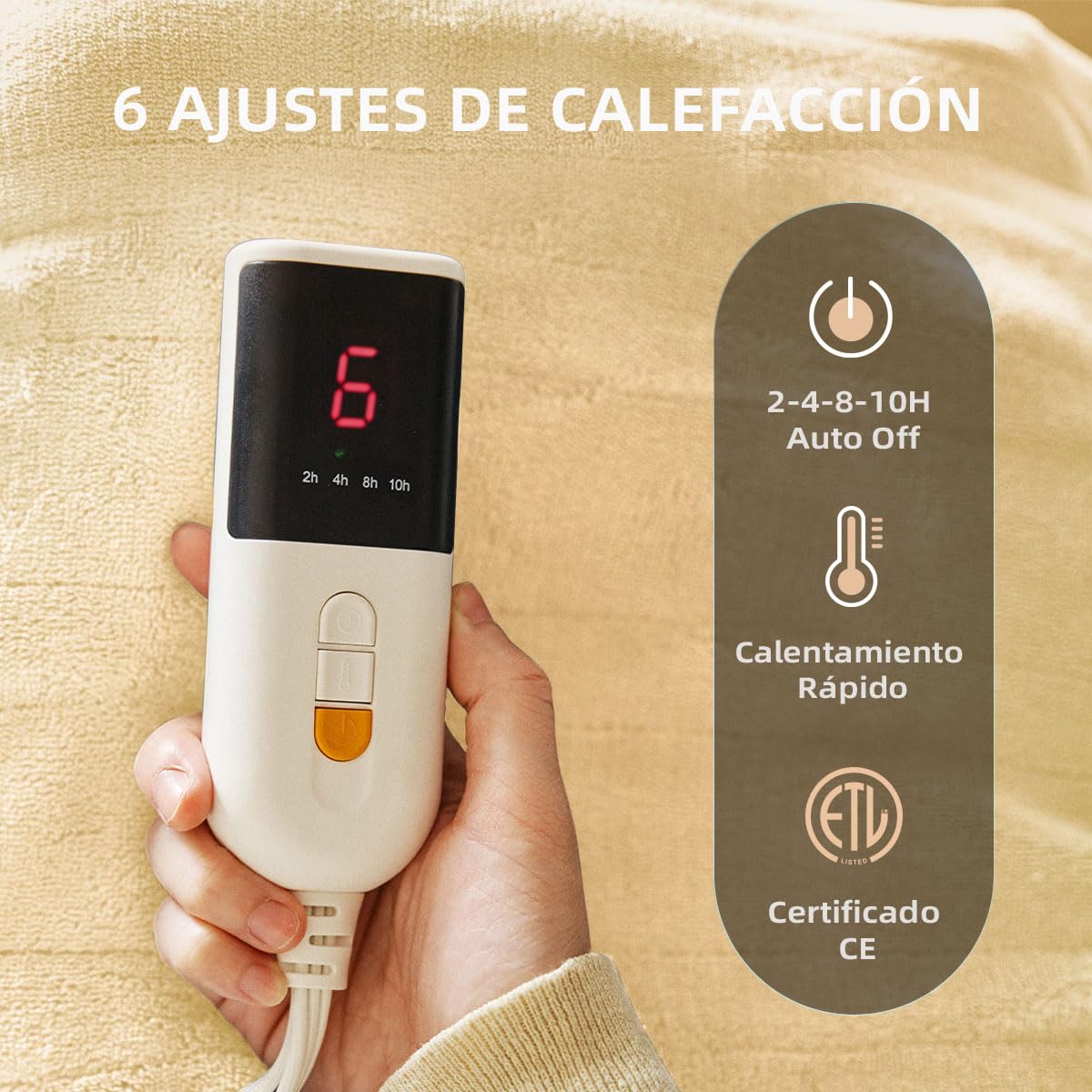 JET'S HOME Manta Eléctrica 130x180 cm, Manta calefactora 6 Niveles de Calor, Temporizador Ajustable, Lavable a Máquina, Protección contra Sobrec Calentamiento (Amarillo)