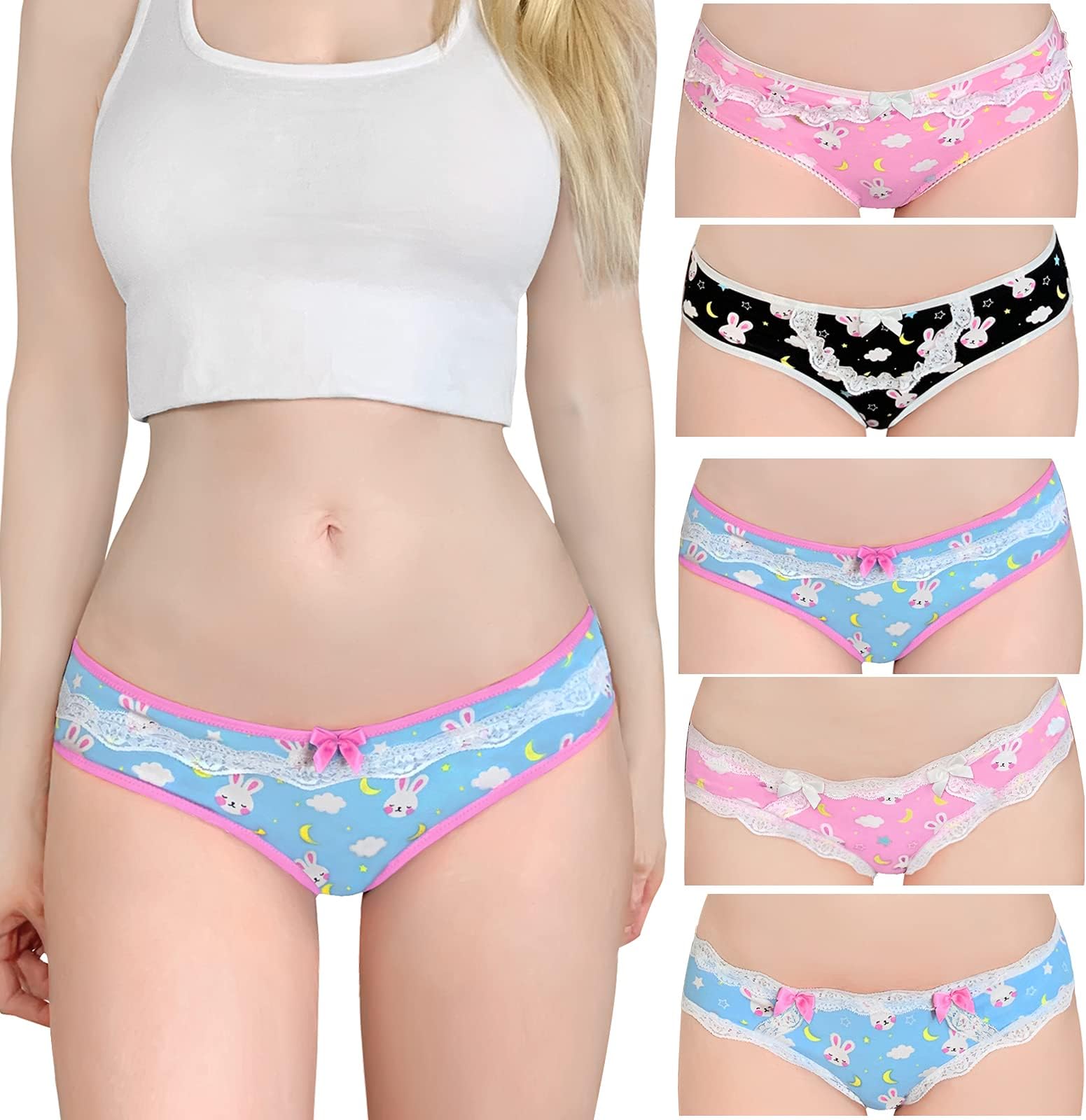 Women's Ladies Soft Cotton Underwear Comfortable Hipster Briefs 5 Colorful Pack Panties Set - Bedtime Bunny