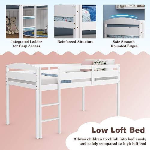 Miniatura 5 de Giantex Cama alta individual con escalera, cama alta de madera de perfil bajo con 30 pulgadas de espacio libre y rieles de protección de seguridad,