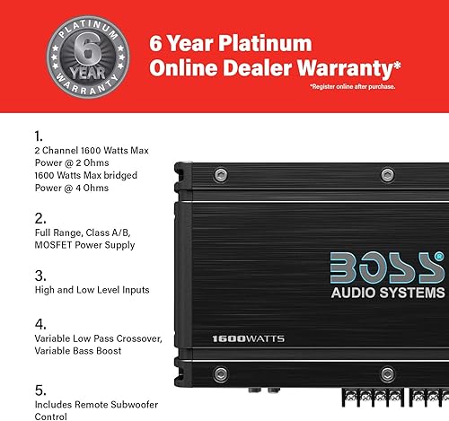 Vista 3 de BOSS Audio OX4.400 amplificador para auto con 4 canales, 1,600 W, rango completo, clase A/B, 2-8 ohmios estables, con transistor MOSFET y conexión