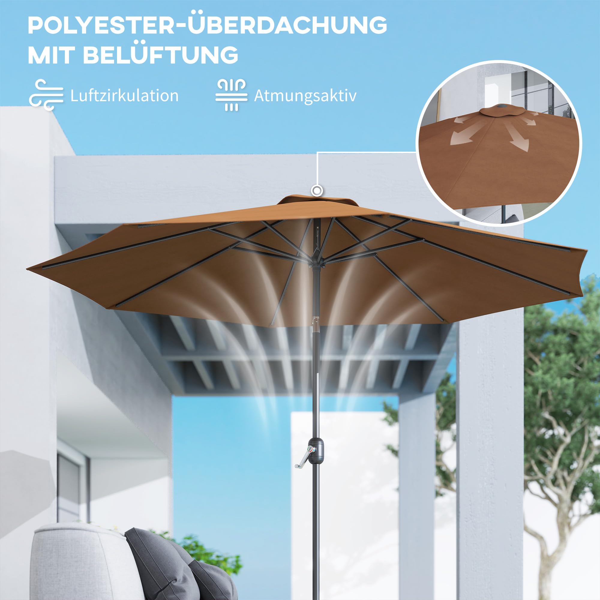 Outsunny Parasol składany z ręczną korbką, brązowy, Ø2,95 x 2,5 m