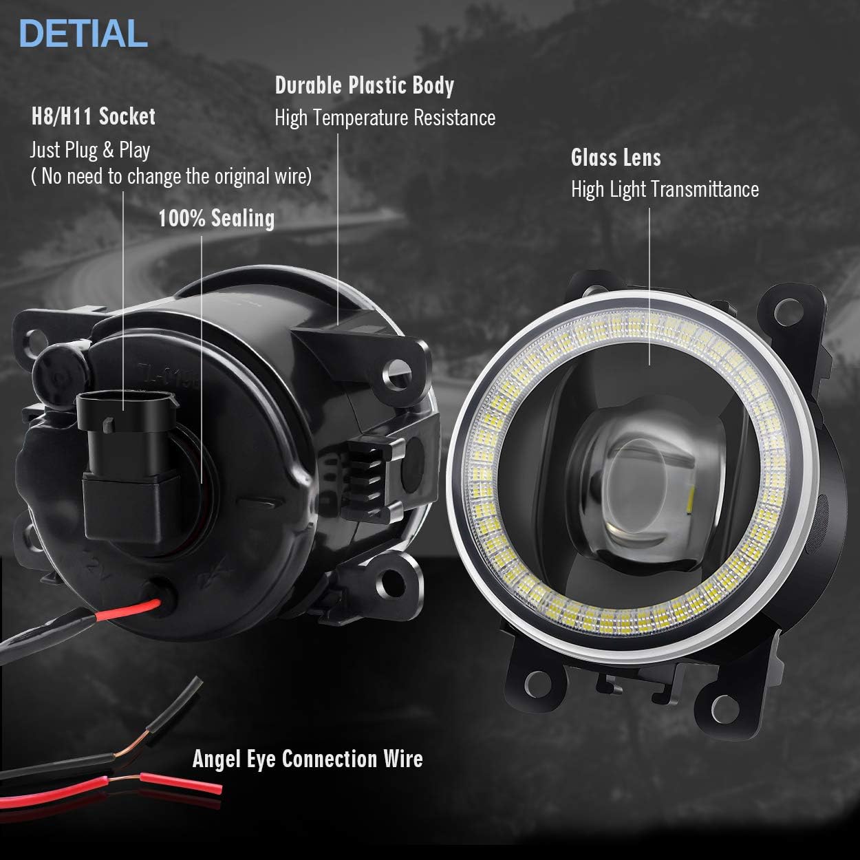 2in1 Function Angel Eye Fog Lights for Ford 08-14 Focus, 11-15 Explorer, 13-16 Fusion, 11-18 Transit, 14-18 Fiesta, 05-17 Mustang (Except GT), LED Lens Fog Lamp with Halo Ring DRL