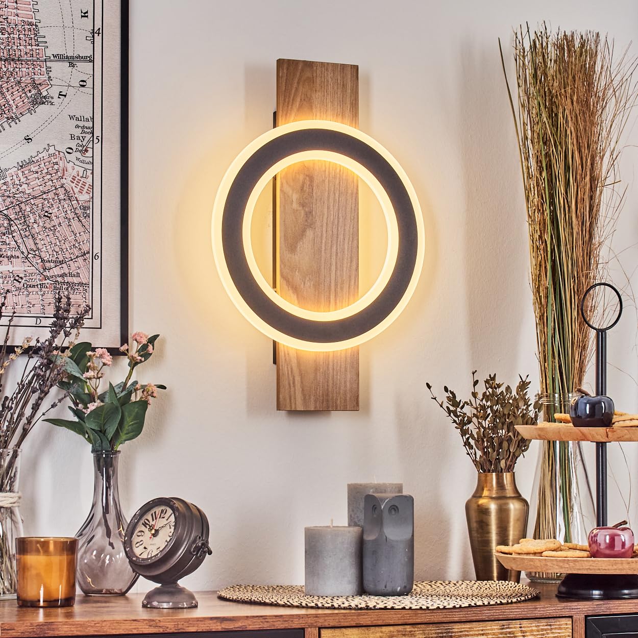 HOFSTEIN LED Wandleuchte Besperia, Wandlampe aus Metall/Kunststoff in Holzoptik/Schwarz/Weiß, 18 Watt, 1740 Lumen, 3000 Kelvin, moderne Leuchte für Schlafzimmer, Esszimmer, Wohnzimmer, Küche, Flur