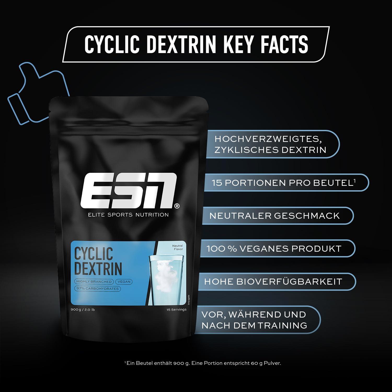 ESN Cyclic Dextrin, 900 g Beutel, 15 Portionen, Neutral, hochverzweigtes zyklisches Dextrin, laktosefrei & vegan, made in Germany
