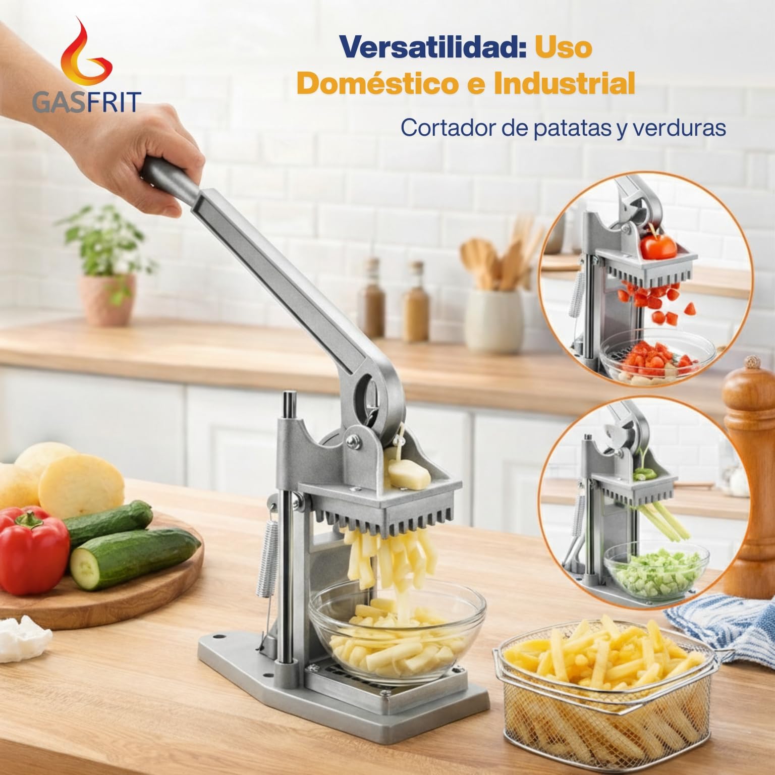 Cortador de Patatas y Verduras Manual Profesional para Hostelería, Montaje en Mesa, Cortapatatas con 4 Cuchillas Intercambiable, Aluminio Fundido – Uso Intensivo