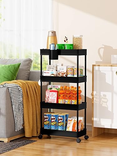 Miniatura 5 de LEHOM Carrito de almacenamiento delgado con ruedas Organizador de baño de 4 niveles, carrito de utilidad, estantes de almacenamiento deslizantes,