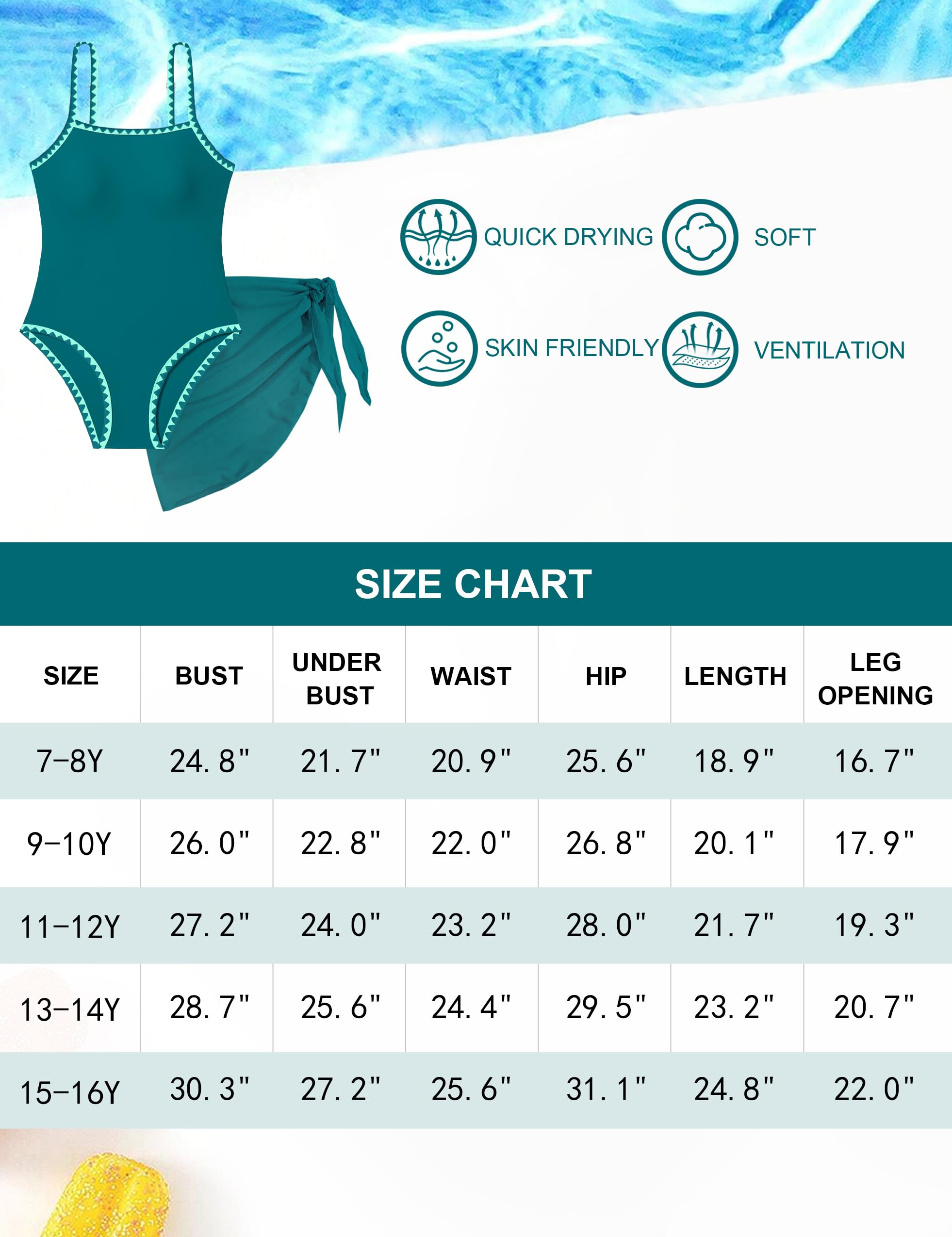WIQI Traje de baño de una pieza para niñas, ribete de contraste de color, traje de baño para niñas con falda para cubrir, talla 9-16