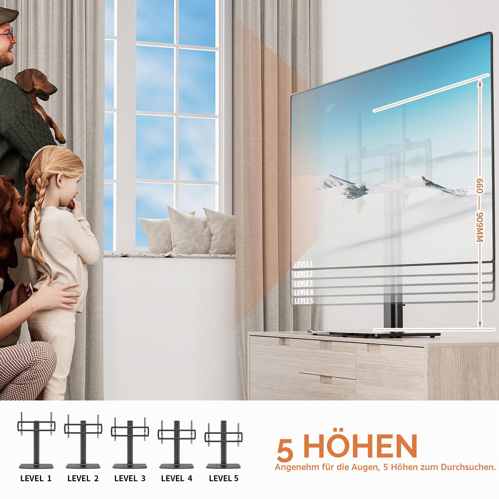 TV Standfuß Universal Höhenverstellbar Ständer Halterung Fernsehständer 40''-86'' LCD LED Flachbildfernseher Ständer Glas Aufsatz VESA 600x400mm Tischständer/Schwarz