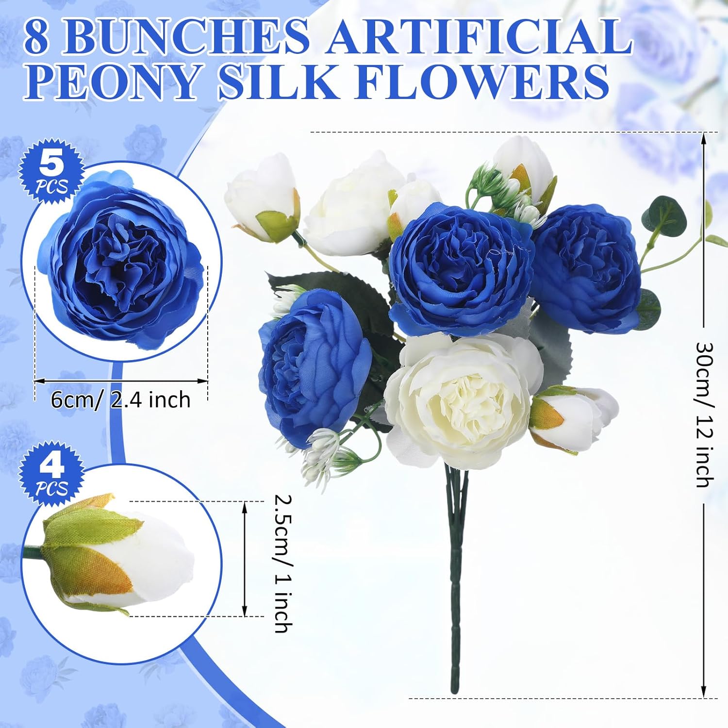 yunsailing 8 pack artificial peony flowers faux silk hydrangea bouquet wedding home table decor reusable bouquet of rose flower for birthday wedding(royal blue and white) royal blue and white peony