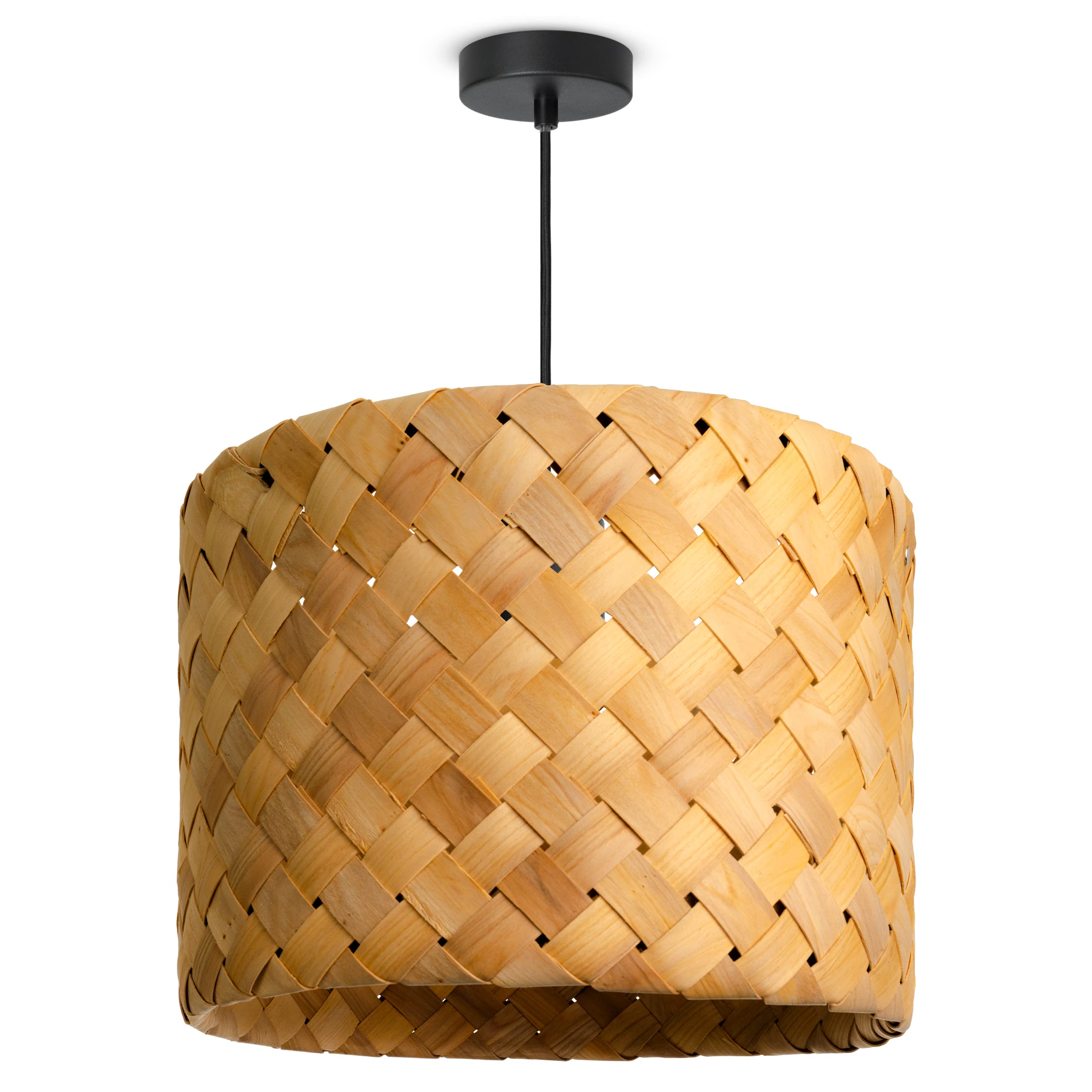 Paco Home LED Pendellampe Pendelleuchte Hängelleuchte Hängelampe für Wohnzimmer Schlafzimmer Esszimmer Schirm Papier E27, Farbe:Holz (Ø35cm), Leuchtenart/Farbe:Pendelleuchte - Schwarz