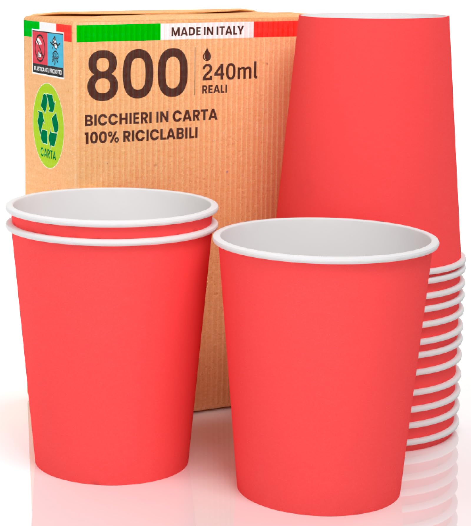 Baciato Caffè 800 Bicchieri in Carta 240ml Ecologici Biodegradabili Monouso Made in Italy Asporto Bevande Calde Acqua Colorati ROSSO - Prodotto e Confezionato in Italia