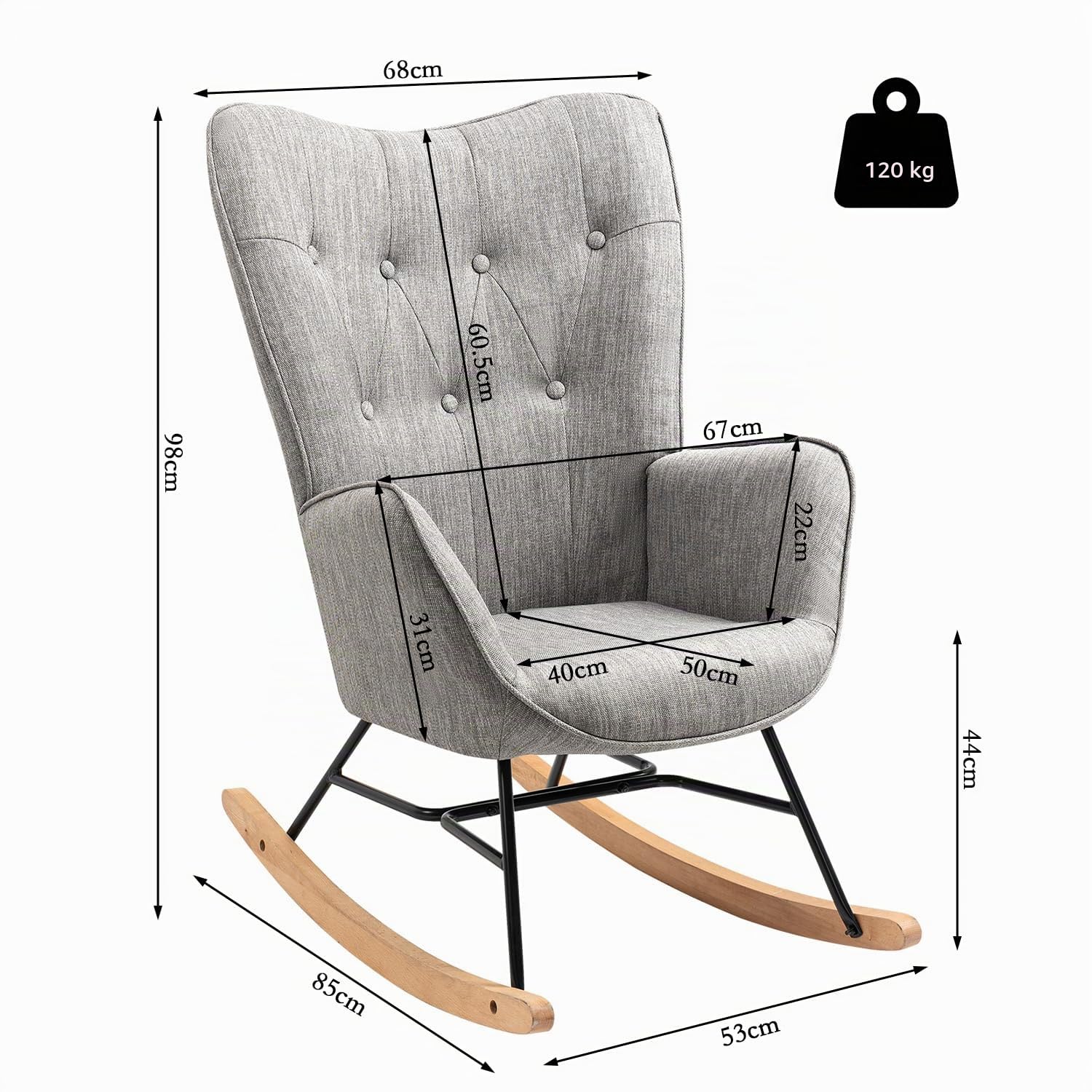 MEUBLE COSY Poltrona Relax, Sedia a Dondolo Confortevole in Tessuto con Gambe in Legno e Metallo per Soggiorno, Decorazione con Bottoni