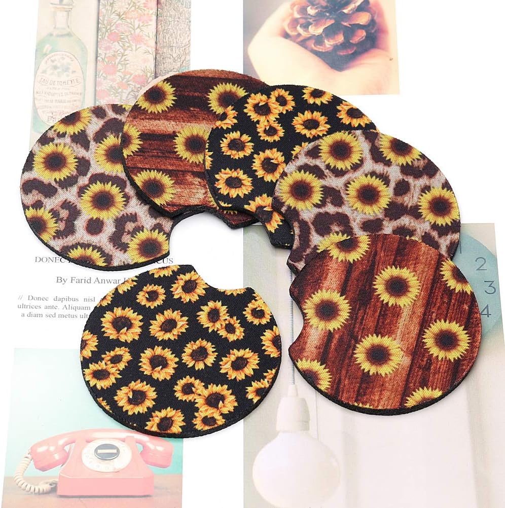 6 Pack Car Coasters, 2.56 Inch 3 Leopard Cup Holder Coasters for SUV Accessories or Any Vehicle (Sunflower)