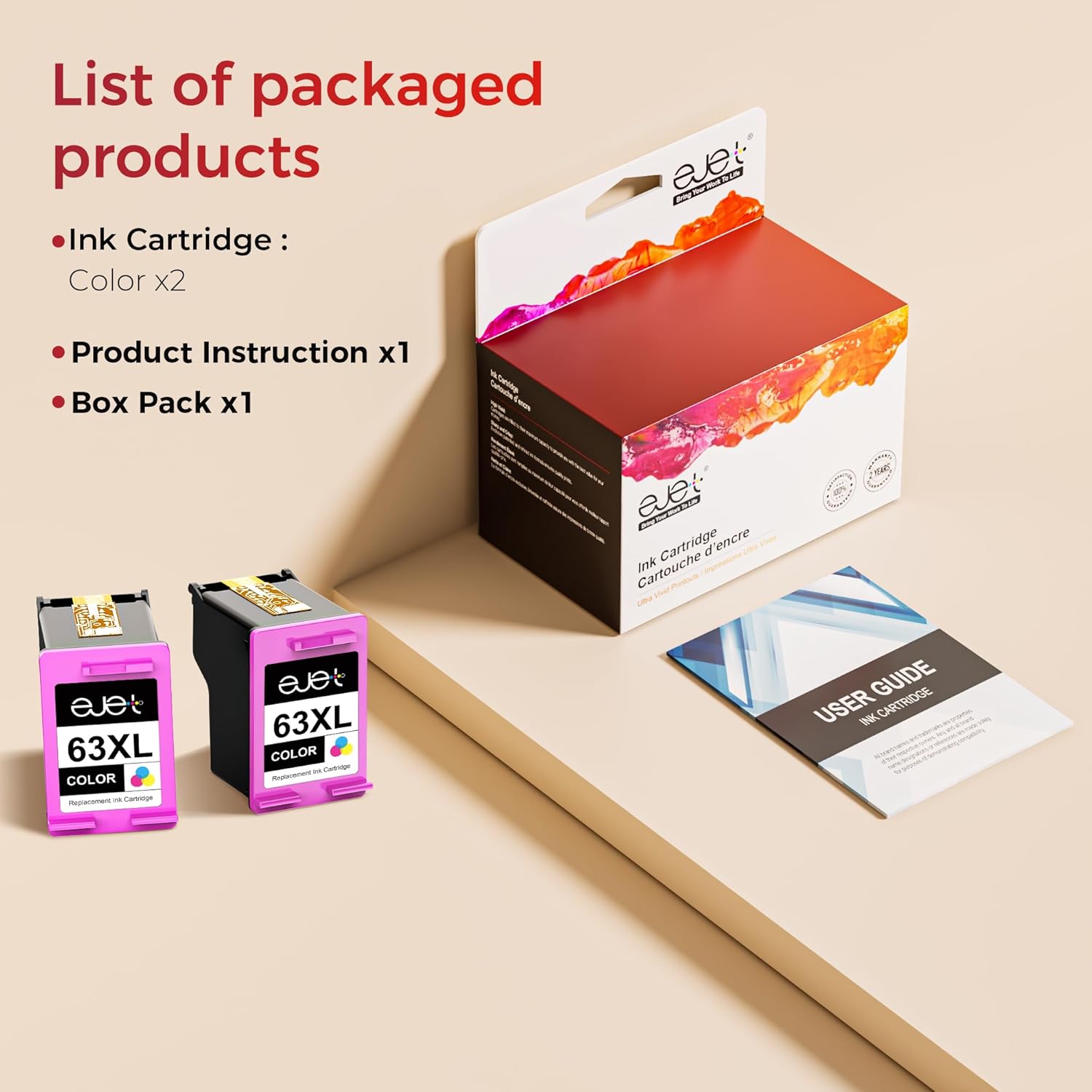 ejet 63XL Color Ink Cartridges Replacement for HP Ink 63 XL for HP 63XL Color Ink Cartridge for OfficeJet 3830 Envy 4520 4512 Officejet 4650 5255 Deskjet 1112 Printer (2 Tri-Color)