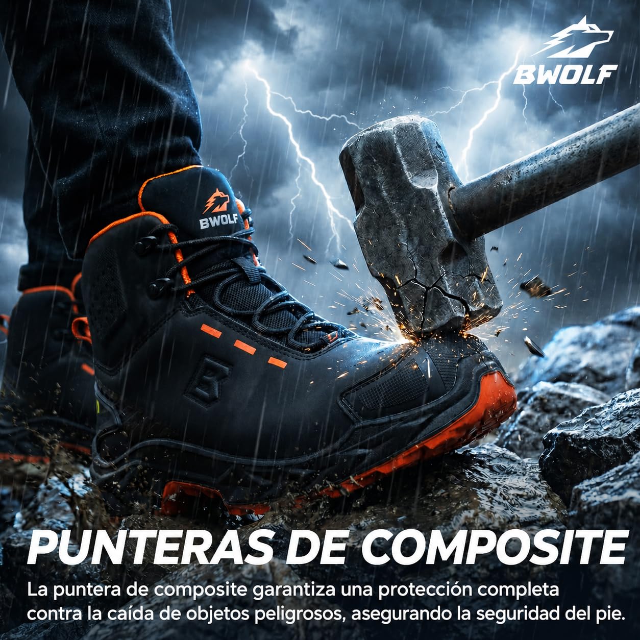 BWOLF FALCON HI S3S Zapatos de trabajo para hombre - Piel lisa negra con puntera de aluminio, entresuela Kevlar, protección ESD