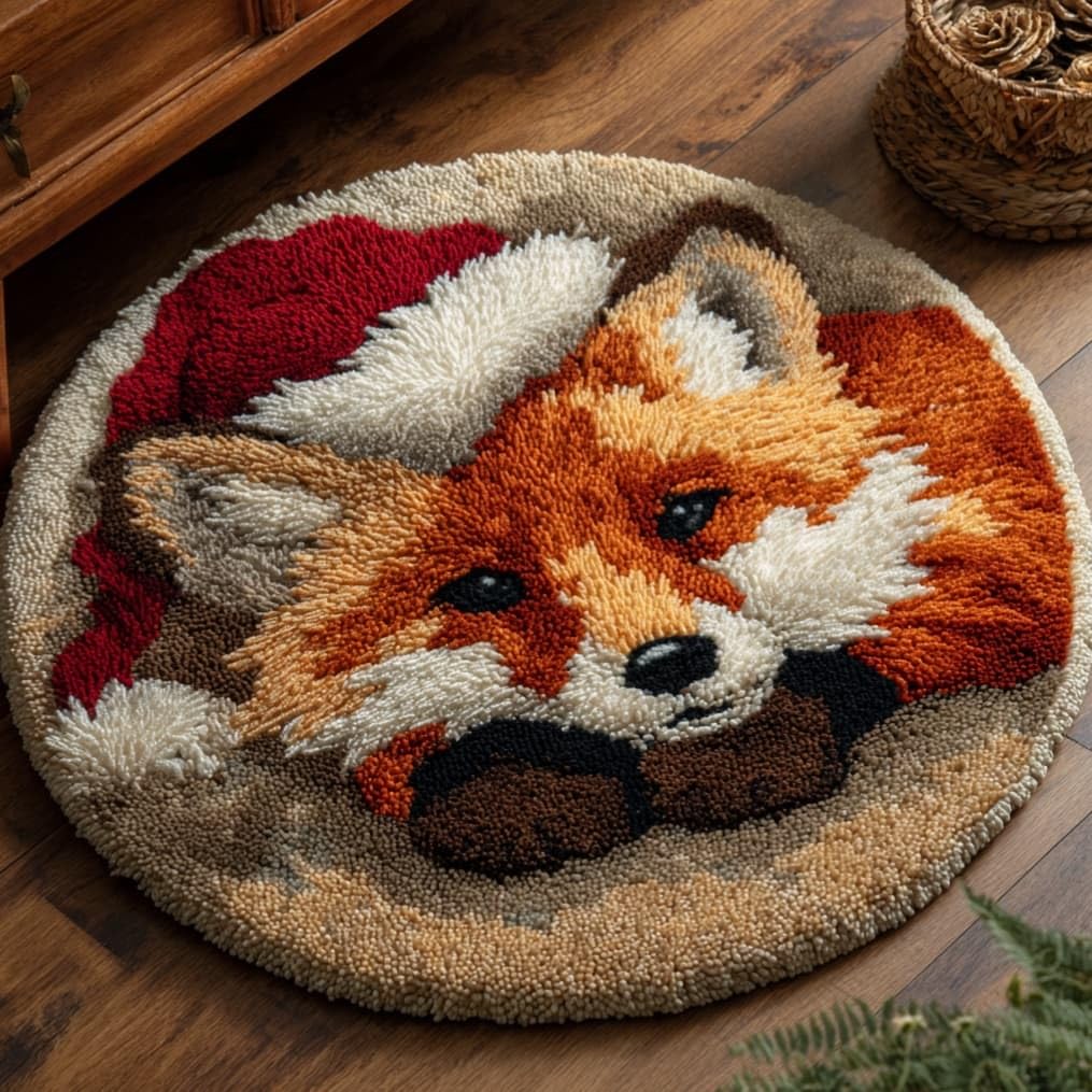 kitphoenix Round Shape Latch Hook Kits Rug Fox DIY Cushion Rug Carpet Making Crochet Hook Kits Preprinted Pattern Canvas Cushion Yarn Hooking Kits Mat Kits 50X50Cm