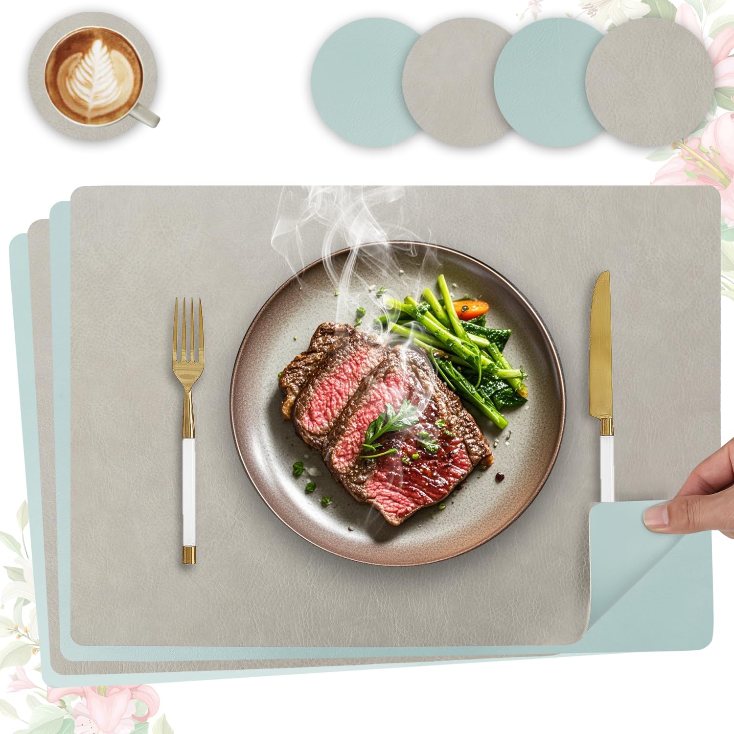 Heli MAIO Tischsets und Untersetzer 4er Set,Platzsets Abwaschbar und Doppelseitigen rutschfest Platzdeckchen,Tischset Leder Kunstleder,Platzdeckchen wasserdicht