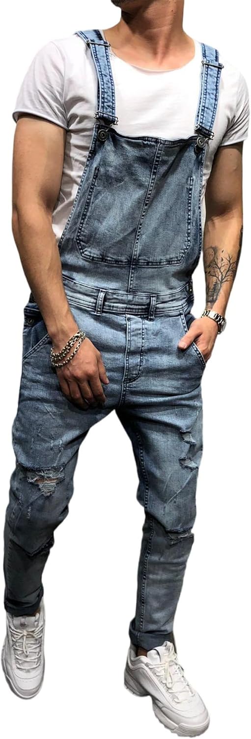 Men's Ripped Denim Suspenders Jeans Pants