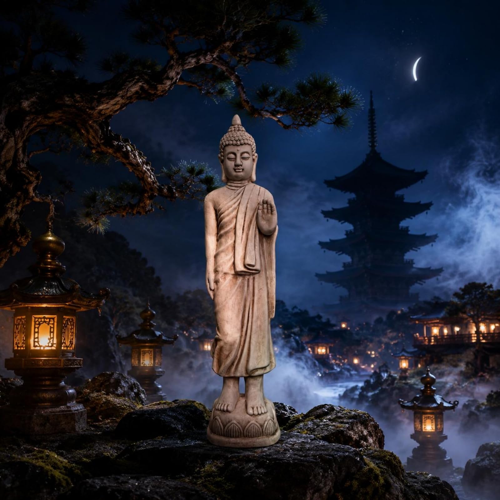 Figura Buda Pie Estilo Meditativo Estatua Buda Uso Interior y Exterior, Gris