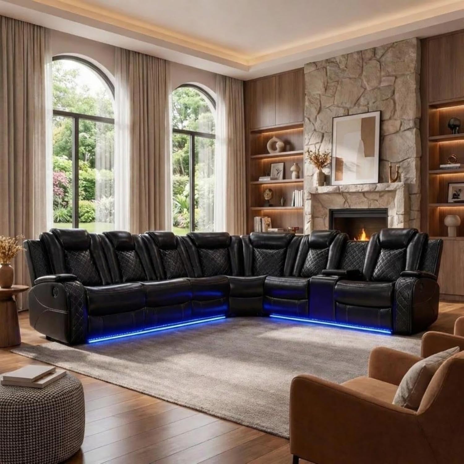 Power Reclining Leather Sectional Couch with Home Theater Seating, Air Leather Recliner Sofa with LED Lighting, Cup Holders and Storage, Modern Reclining Couch for Living Room/Bedroom, Black