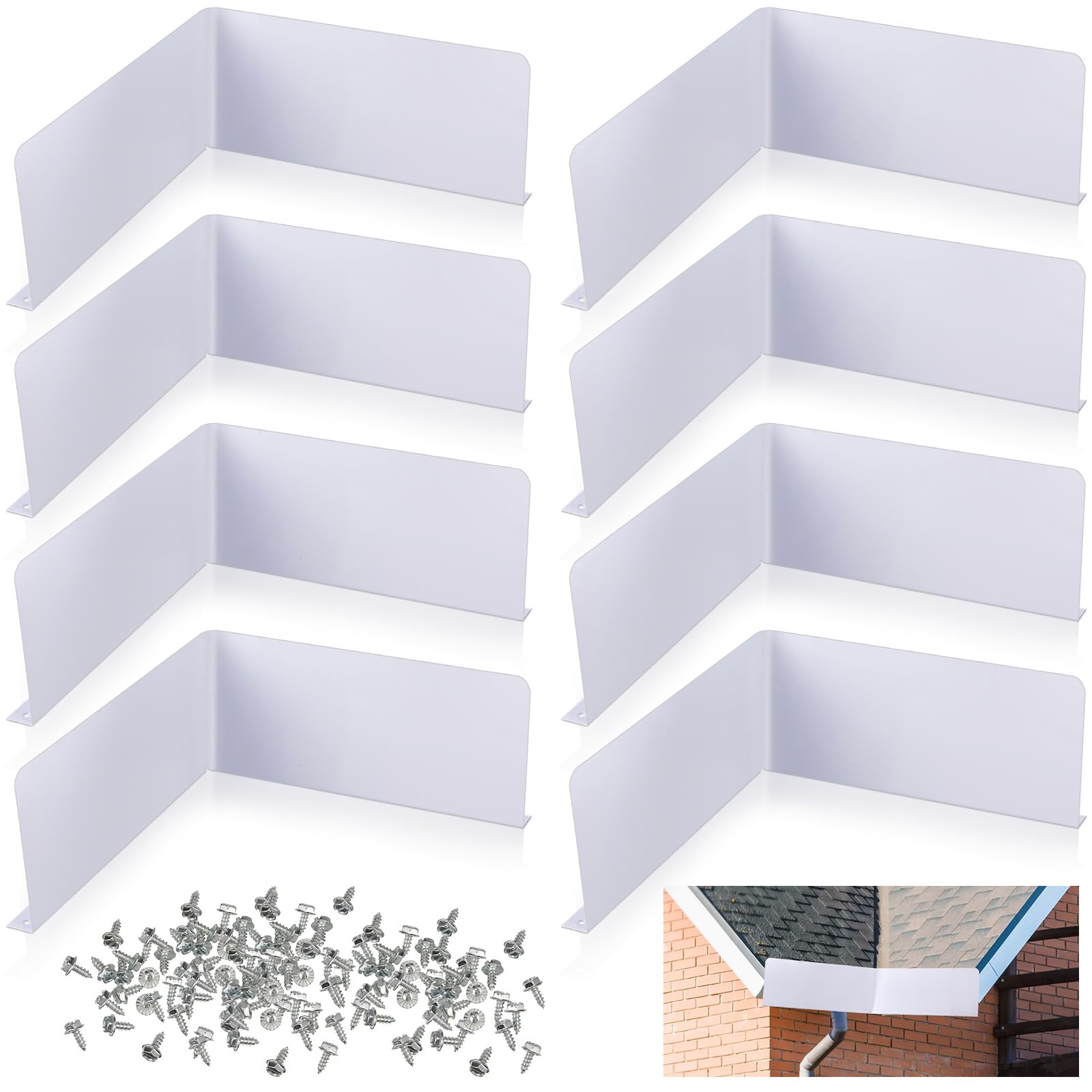 8 Pcs Gutter Valley Splash Guards 15.75 x 3.54 x 0.59 Inch Roofing Downspout Diverter Straight Foldable Roof Rain Diverter with 80 Matching Screws for House Residential Roof Corner, White (Bent)