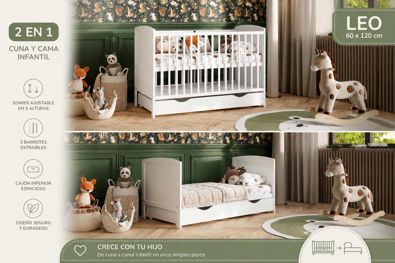 Genérico Cuna Bebé Convertible 60x120 cm con Cajón, 3 Alturas de Somier, 3 Barrotes Extraíbles, Cama Infantil Evolutiva Blanca (sin colchón)