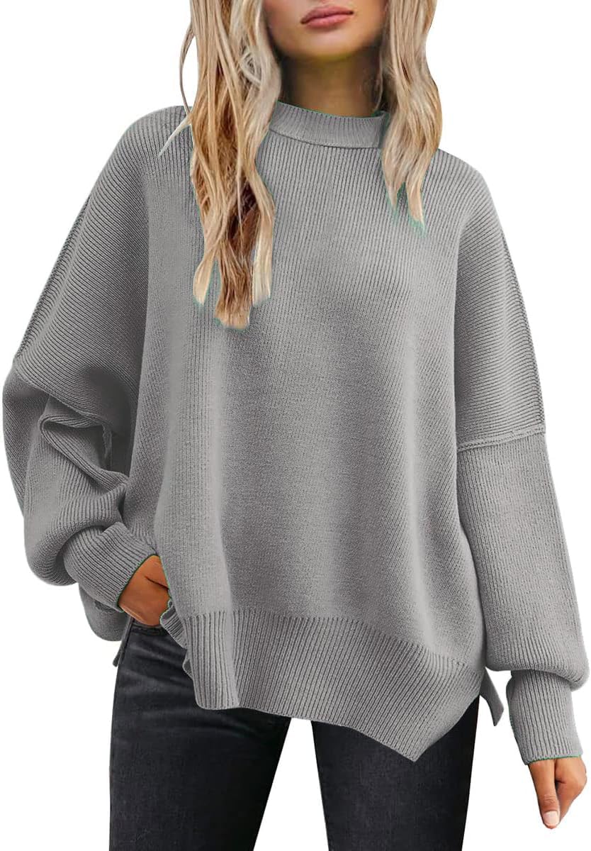 cordat Women's Crewneck Batwing Balloon Sleeves Sweaters 2024 Fall Winter Oversized Ribbed Knit Side Slit Pullover Tops Gray