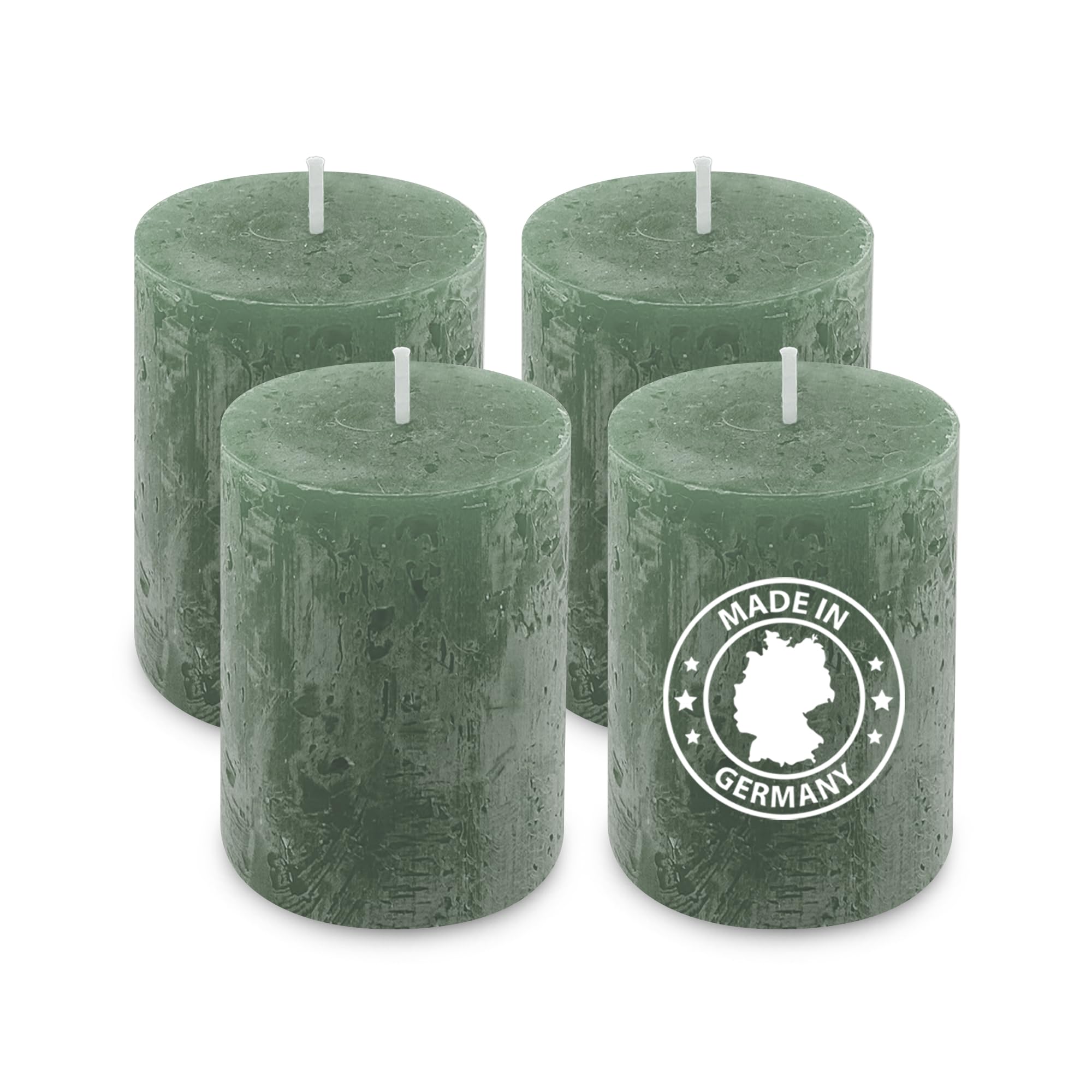 Grüne Tischkerzen Stumpenkerzen 4er Set, Rustikale Kerzen, 80x60mm, Pflanzenwachs Ohne Palmöl, Selbstverlöschend, Vegan RAL Zertifiziert, Hochzeit Naturstil, bis zu 100h, Made in Germany