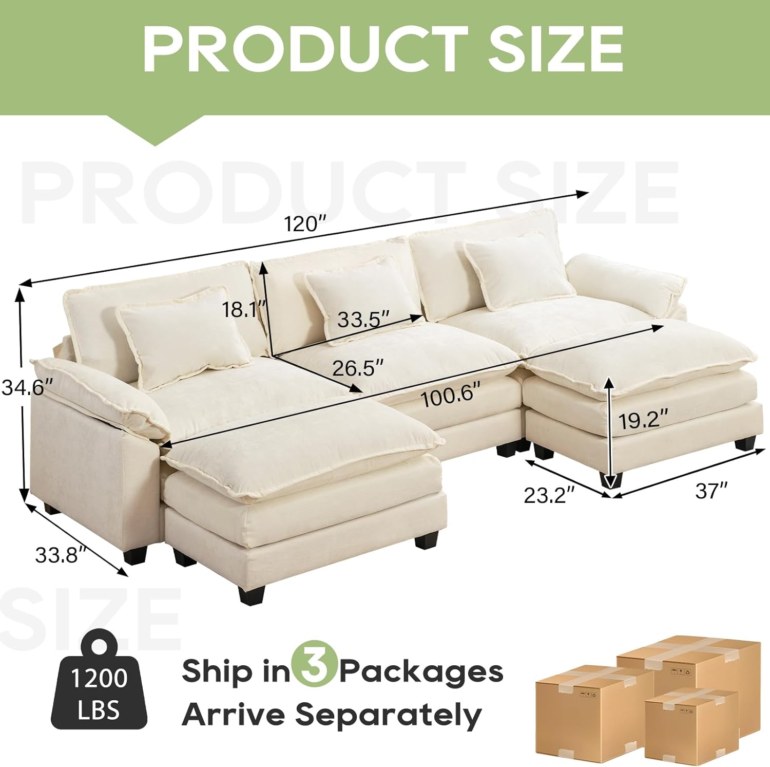 Photo 1 of **Box 1 of 3!!
Box A,!!! ONLY MIDDLE SOFA IS IN THIS BOX; PLEASE SEE STOCK PHOTO BELOW!!!! **
120" Modular Sectional Sofa, Comfy Cloud Couch Sectional Sofa with Ottoman, Chenille Sofa Sleeper Deep Seat Sofa with Throw Pillows for Living Room (Beige Whit
