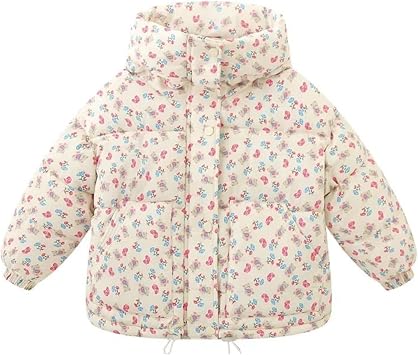 Winter Baby Girl Floral Top Clothes Korean Thicken Cotton-padded Children Warm Hooded Plush Outwear Coat Winter Jacket90Height 80-90cm