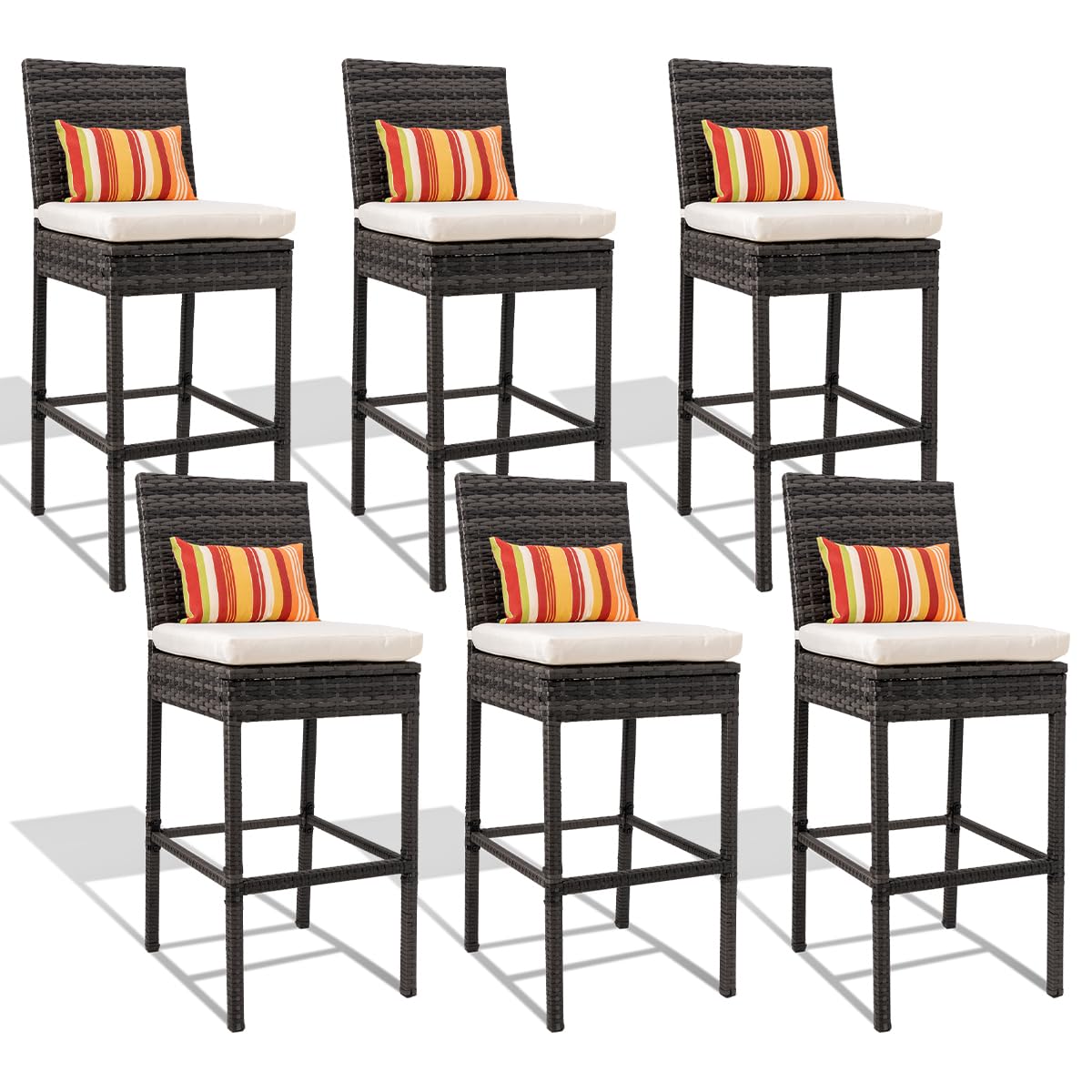 Sundale Outdoor Wicker Bar Stool Set of 6, 30 Inch Seat Height Patio Counter Height Stool with Back Rest, Rattan Woven Tall Chair with Pillow & Beige