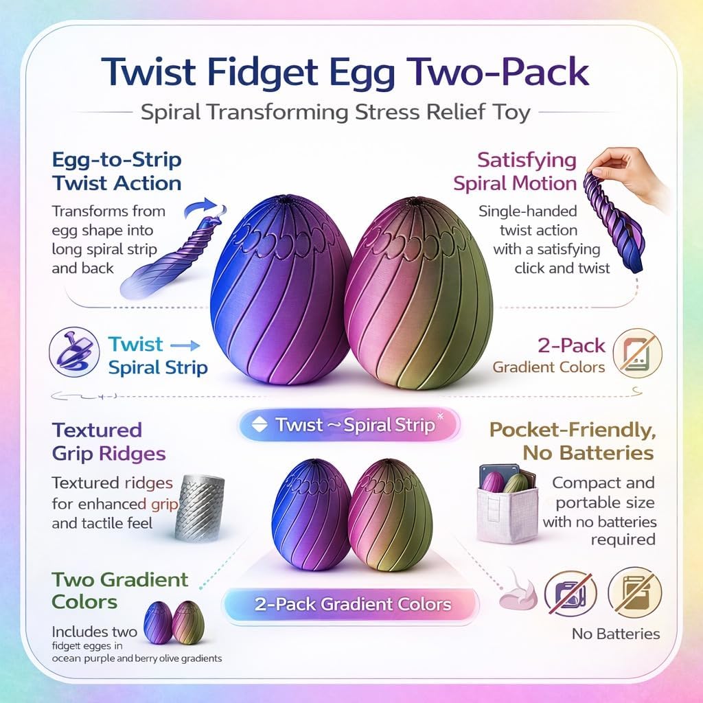 2 Pack Slippery Twisty Egg Fidget Toy - 3D Printed Stress Relief Sensory Fidget Easter Eggs - Simple Dimple Fidget Toys
