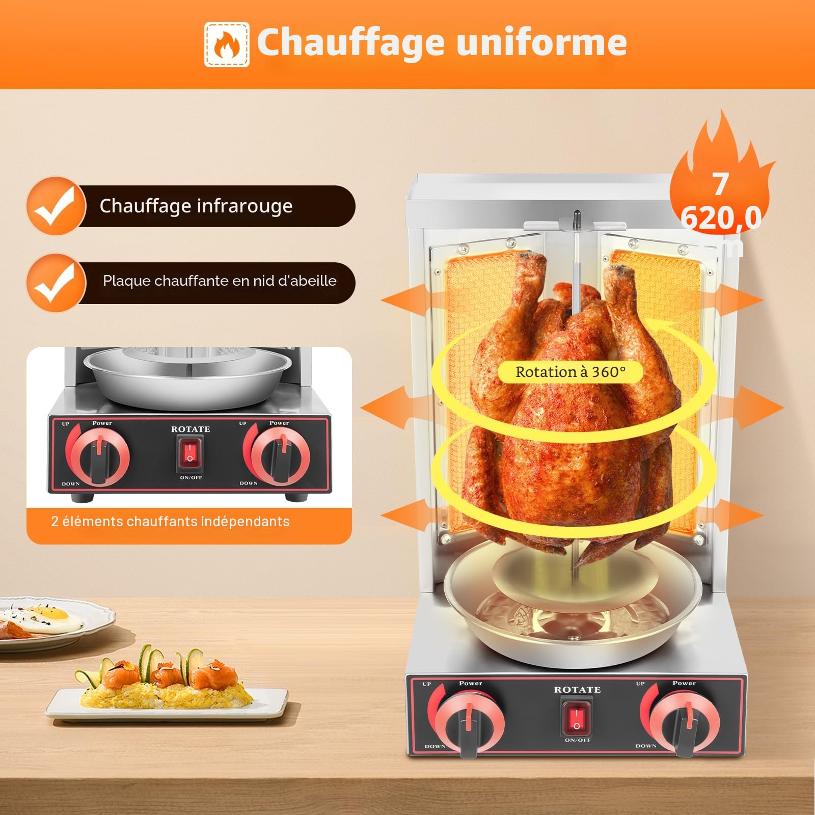 Rôtissoire à poulet verticale gaz 3000 W inox - avec broche kebab - machine kebab professionnelle pour poulet, dinde, tacos - pour hôtels, restaurants et fast-food