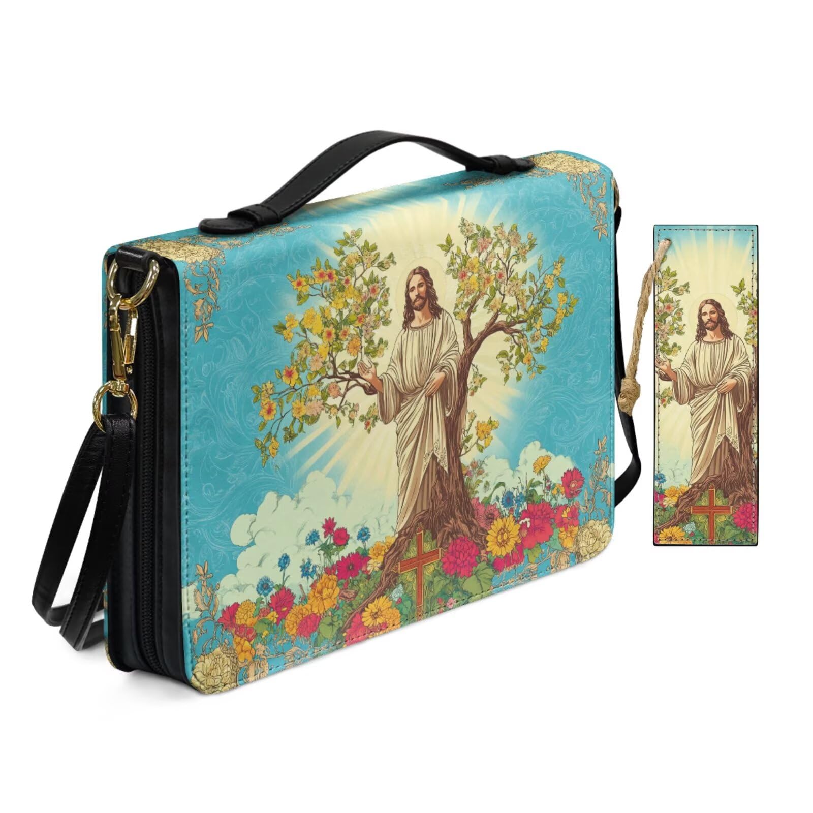 Blue Religious Floral Illustration Cross Jesus Bible Cover Case for Women Travel Church Worship Print Pu Leather Crossbody Shoulder Strap Bible Bags with Bookmark & Handle Pockets Zippered