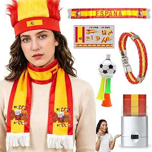 6 Pcs Spain 2026 Soccer Fan Kit, Cheering Set for Game Day Watch Party – Fan Scarf, Wristband, Wigs Headband, Face Paint Sticks, Horn & Temporary Tattoo
