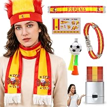 SeunKieer 6 Pcs Spain 2026 Soccer Fan Kit, Cheering Set for Game Day Watch Party – Fan Scarf, Wristband, Wigs Headband, Face Paint Sticks, Horn & Temporary Tattoo