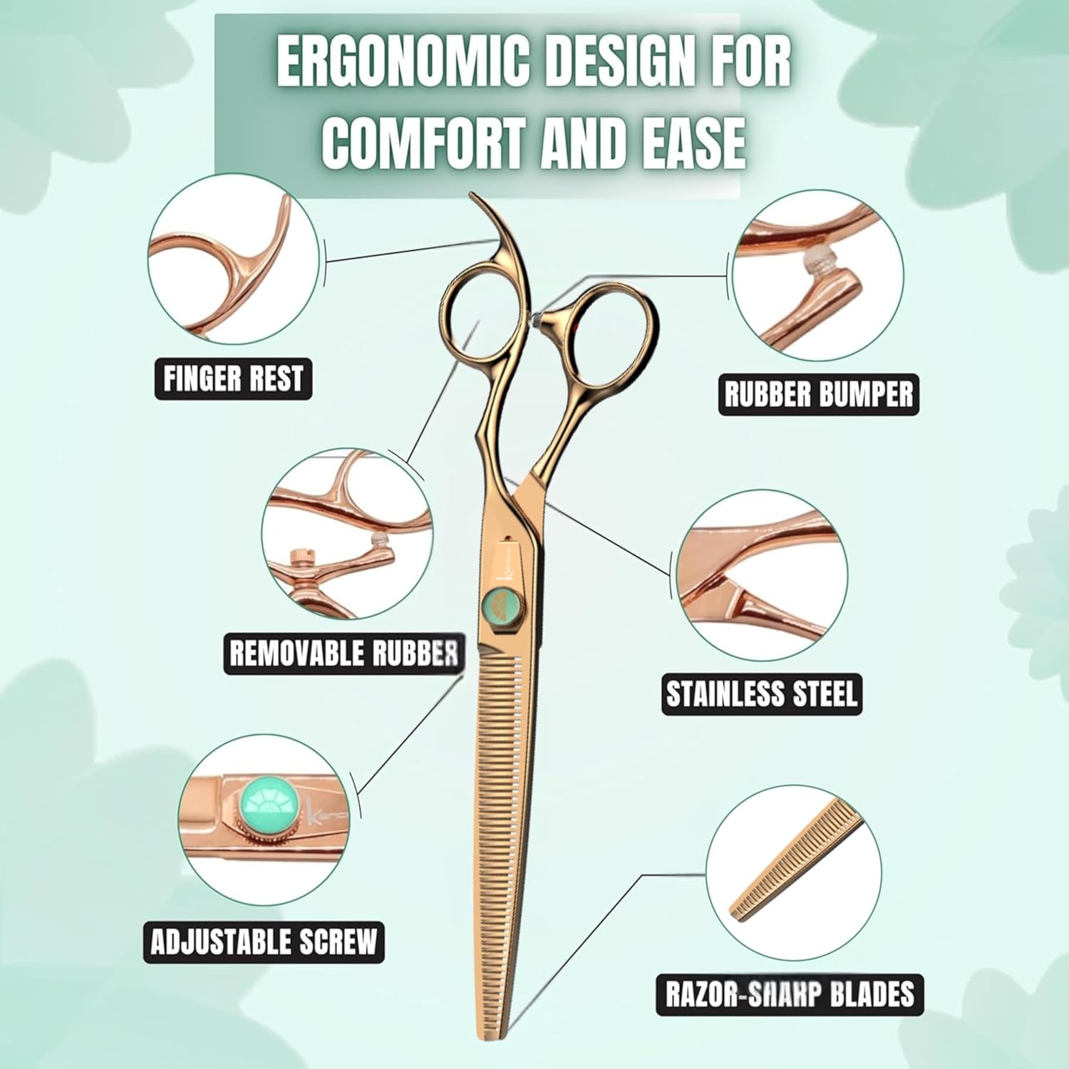 Kenchii Rose Dog Grooming Scissors, 54 Tooth Thinning Shears, Dog Scissors for Grooming, Ergonomic Design for Comfort and Precision, Heavy Duty, Durable and Sharp