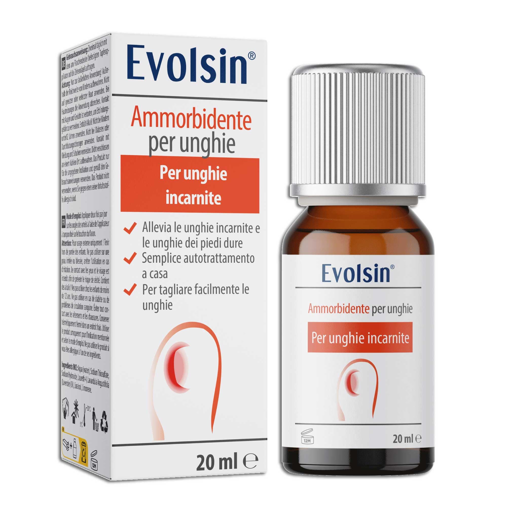 Evolsin Ammorbidente per unghie - Soluzione delicata ed efficace per unghie incarnite - Formula alcalina per unghie morbide ed elastiche - Facile da usare con applicatore di tampone - 20ml