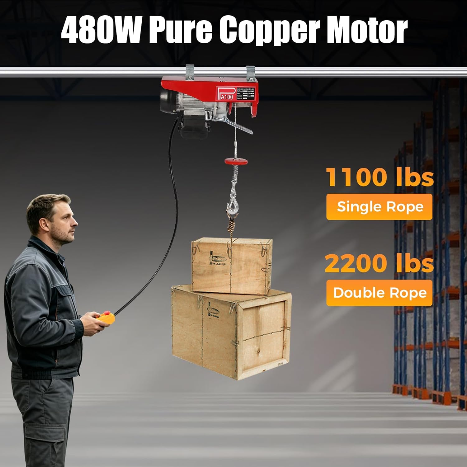 Mini Electric Hoist with Emergency Stop, 220lb Capacity, 480W 110V, Wired Remote, 2 Lifting Straps, for Garage, Warehouse, Construction