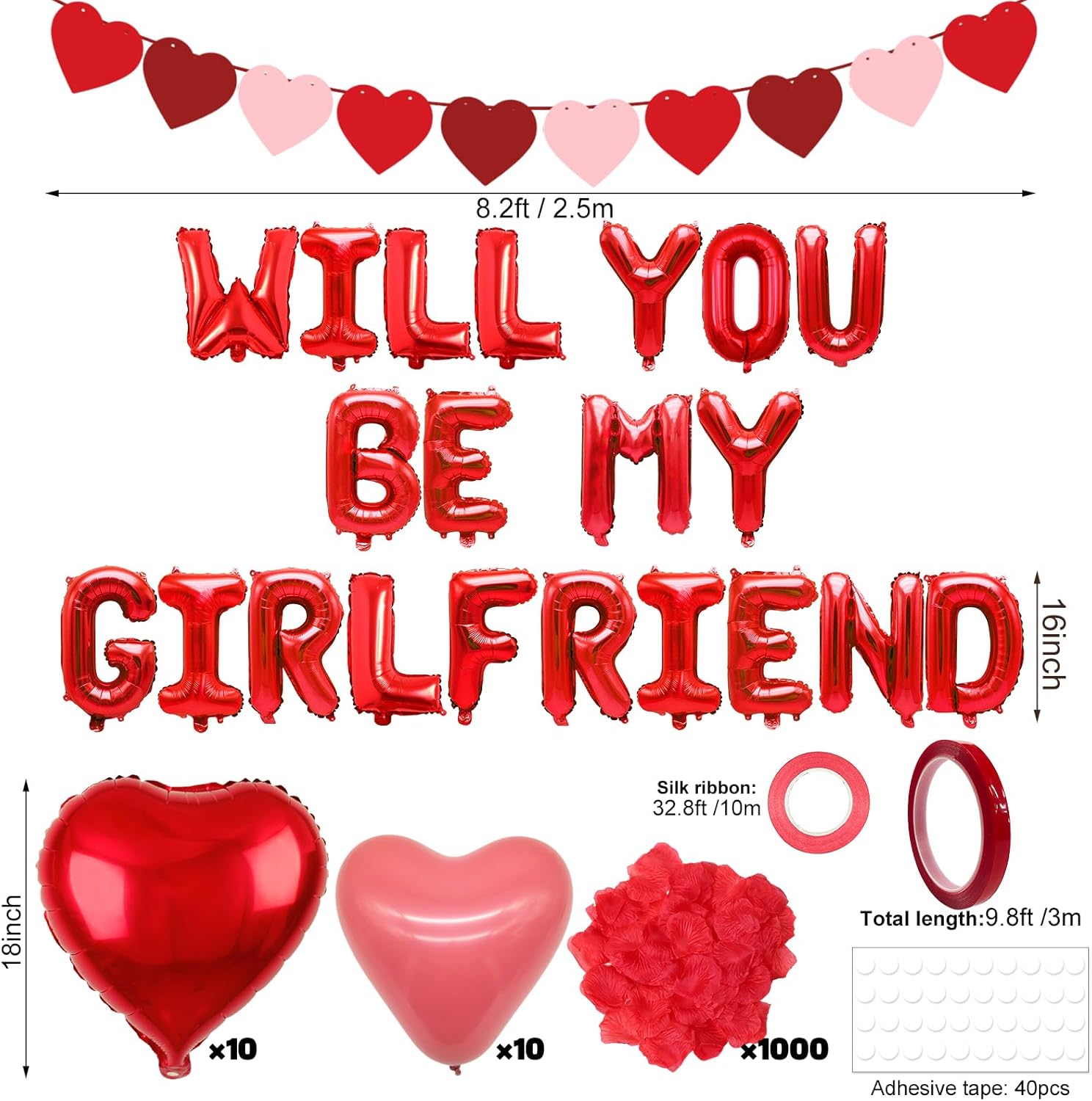 Red Will You Be My Girlfriend Balloons, Confession Balloons Decor 18" Letter Balloons 1000pcs Red Artificial Rose Petals 20Pcs Heart Balloons 33ft Red Ribbon Heart Pull Flag for Valentines Day - Image 2