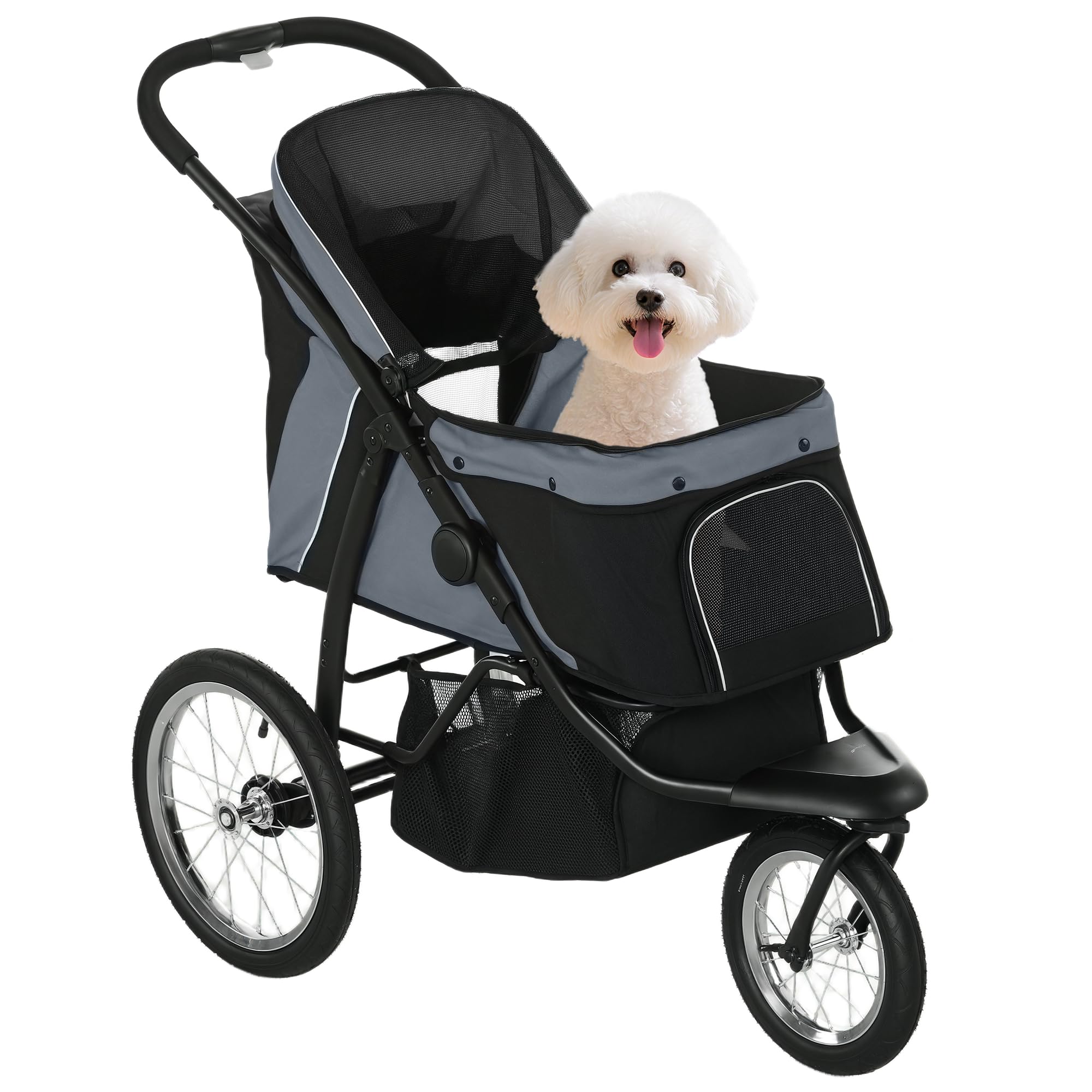 PawHut Carrito para Perros Plegable Cochecito para Mascotas Carrito para Perros Medianos Pequeños con Cesta Capota Ajustable Ventana de Malla y 3 Ruedas Grandes Carga 20 kg 111x58x107 cm Gris