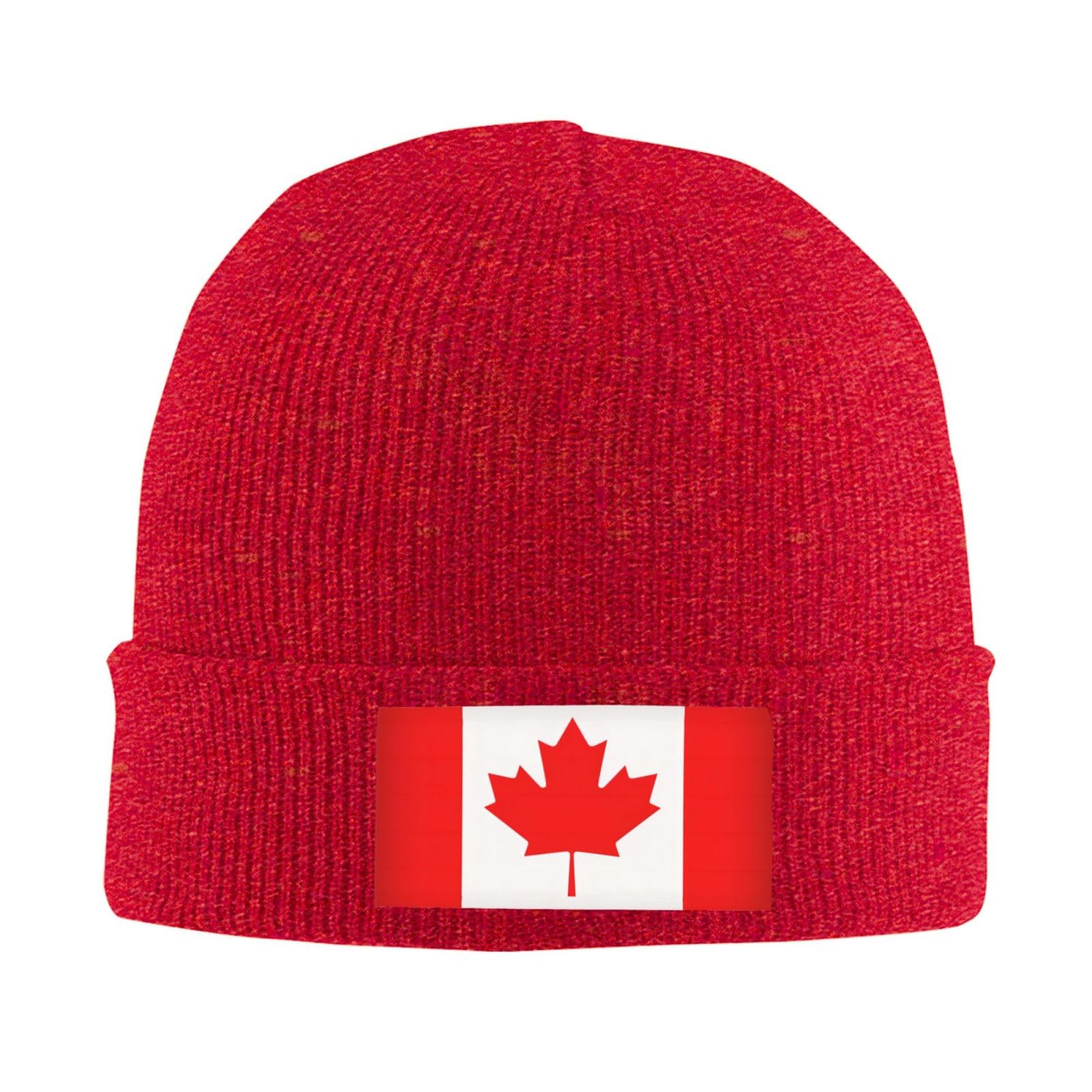 Longzehao Winter Canadian Flag Print Beanie Knit Hat for Men Women,Warm Soft Unisex Cuffed Skull Knit Cap, Red, One size