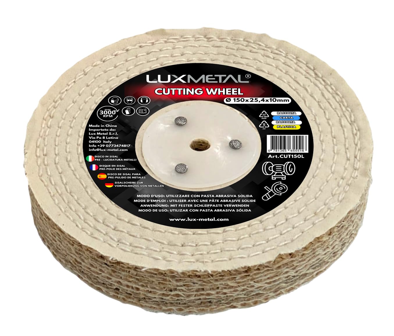 Disco Lucidatura Metalli in Sisal 150 x 25,4 x 10 mm – Ruota Pre-lucidatura per Mola da Banco con attacco per Mandrino Conico Ideale per lucidare Acciaio, Ottone, Alluminio Smerigliatrice Lucidatrice